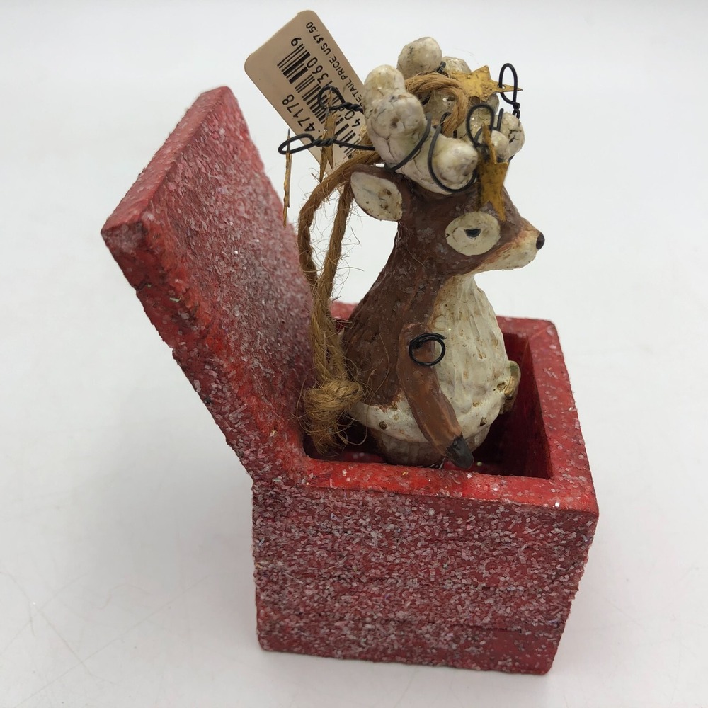 Dept 56 Frosted Deer Surprise Box Christmas Folk Art Vintage Ornament Hope - Picture 2 of 10